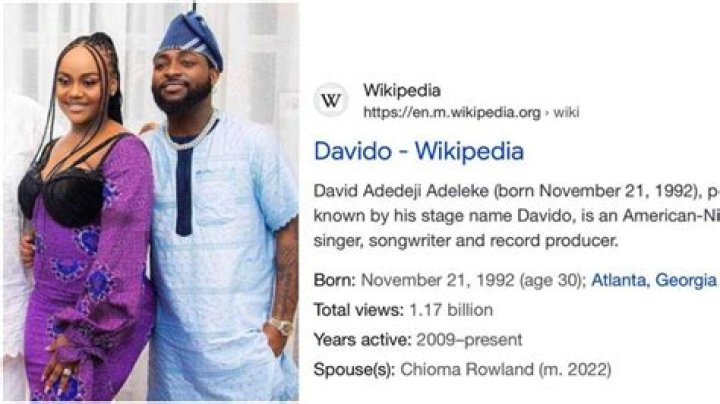 “Assurance Is Assured”: Fans Celebrate As Davido’s Wikipedia Page Gets Updated to Show His Marriage to Chioma